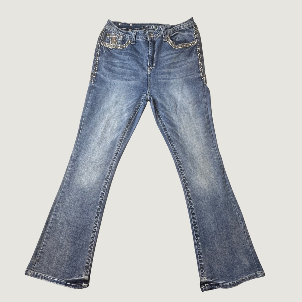 Sexy Couture Jeans Womens 30 Bootcut Blue Rhinestone Embroidered Embellished Y2K